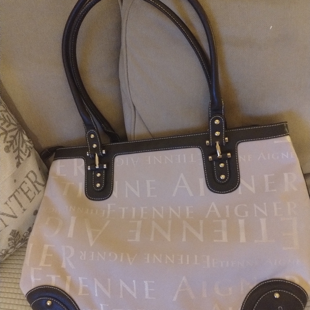 Etienne Aigner Beige and Black Tote Bag